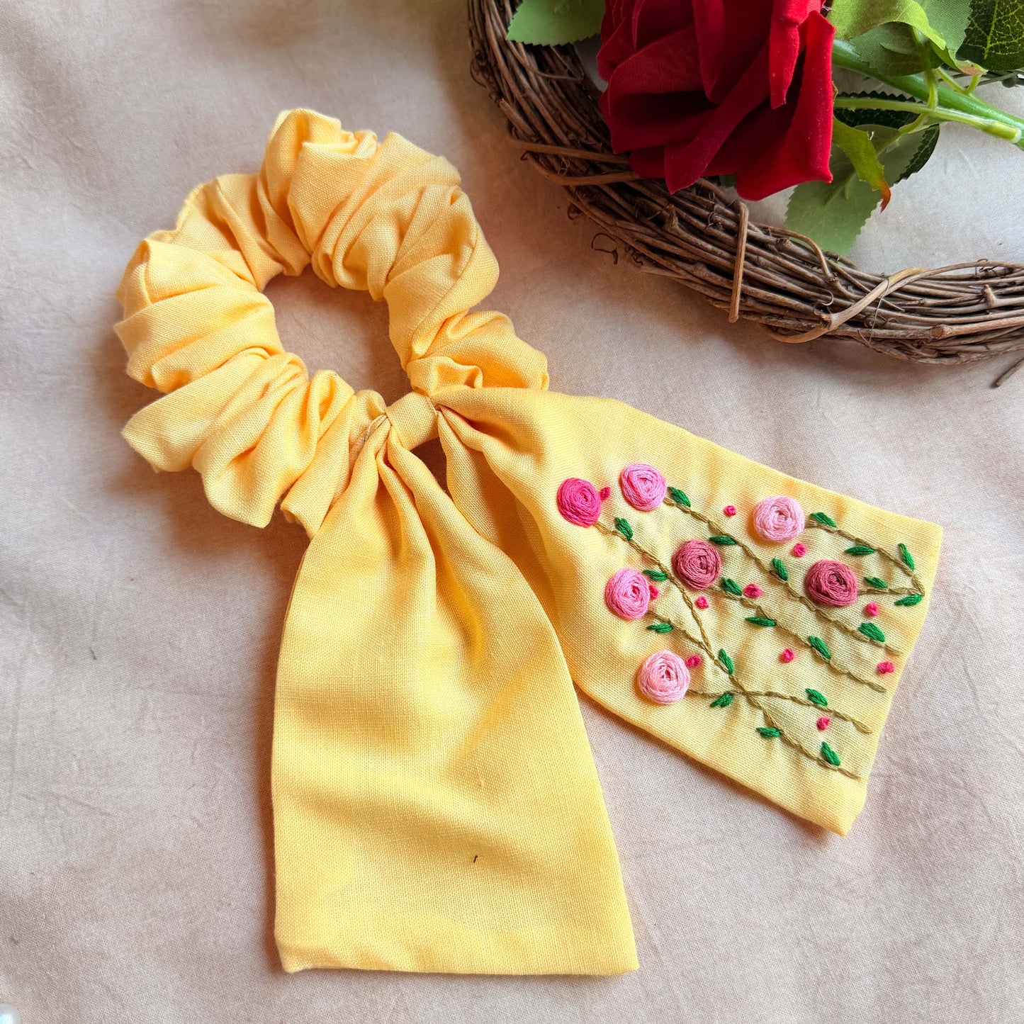 Lemon Garden Embroidered Scrunchie Bow