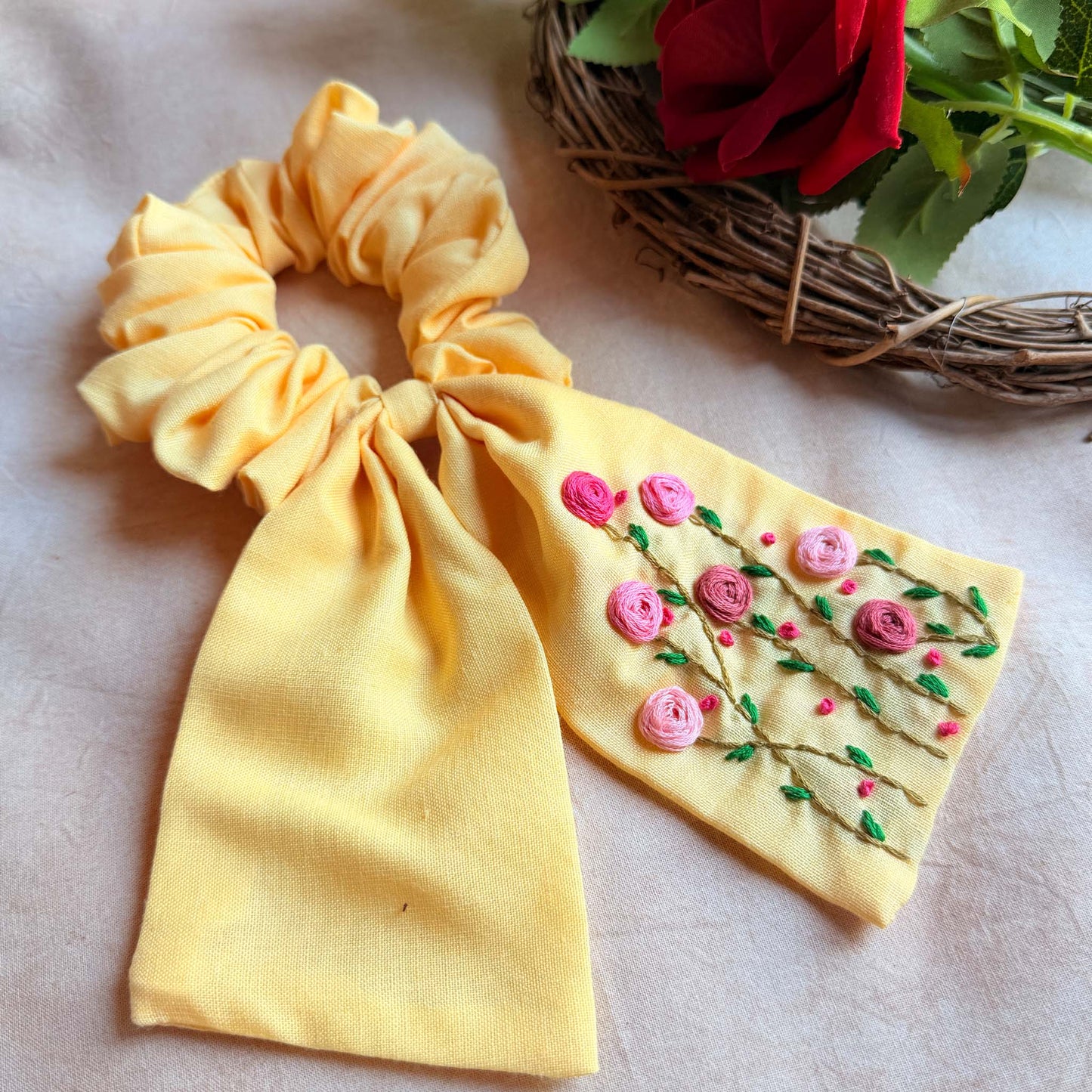 Lemon Garden Embroidered Scrunchie Bow