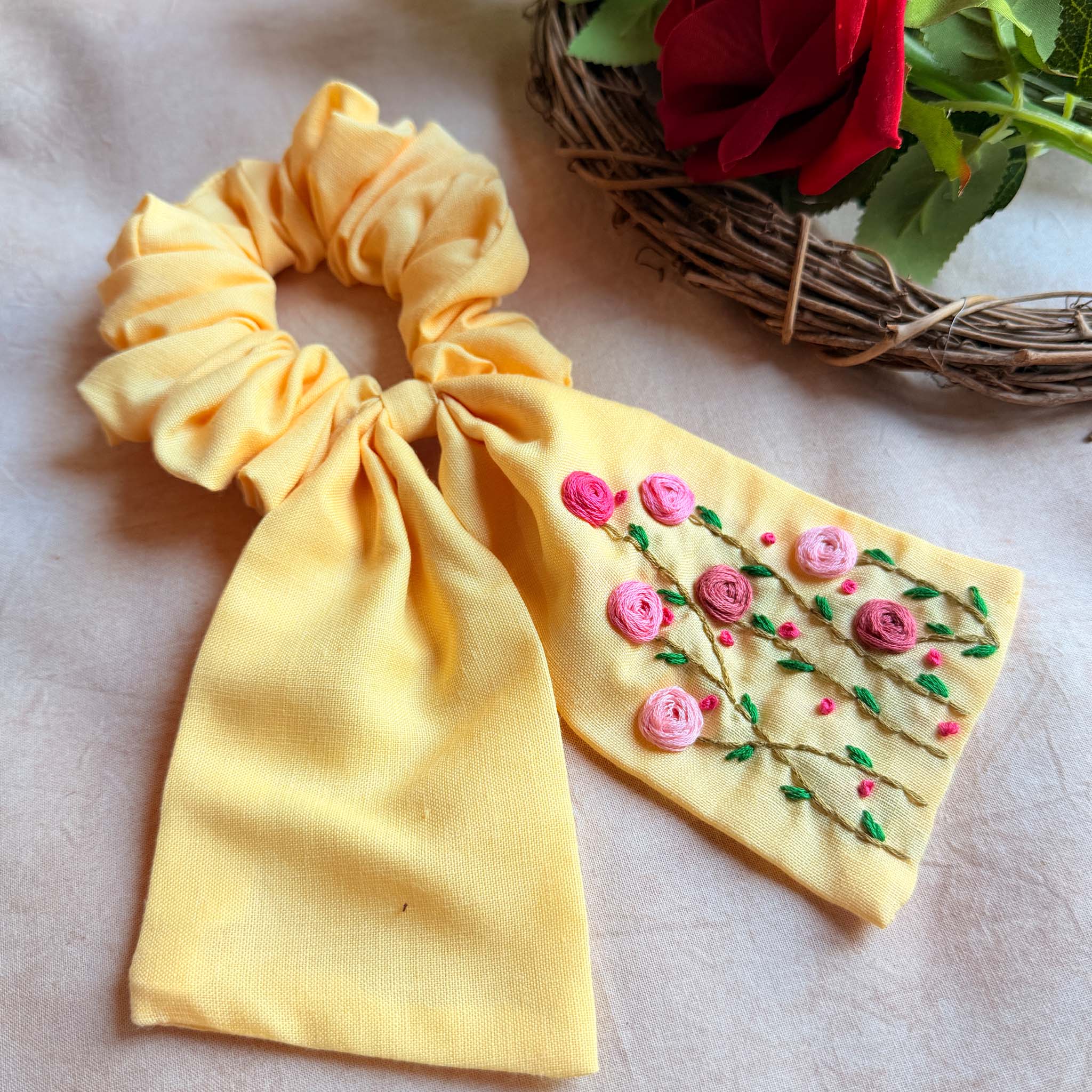 Lemon Garden Embroidered Scrunchie Bow