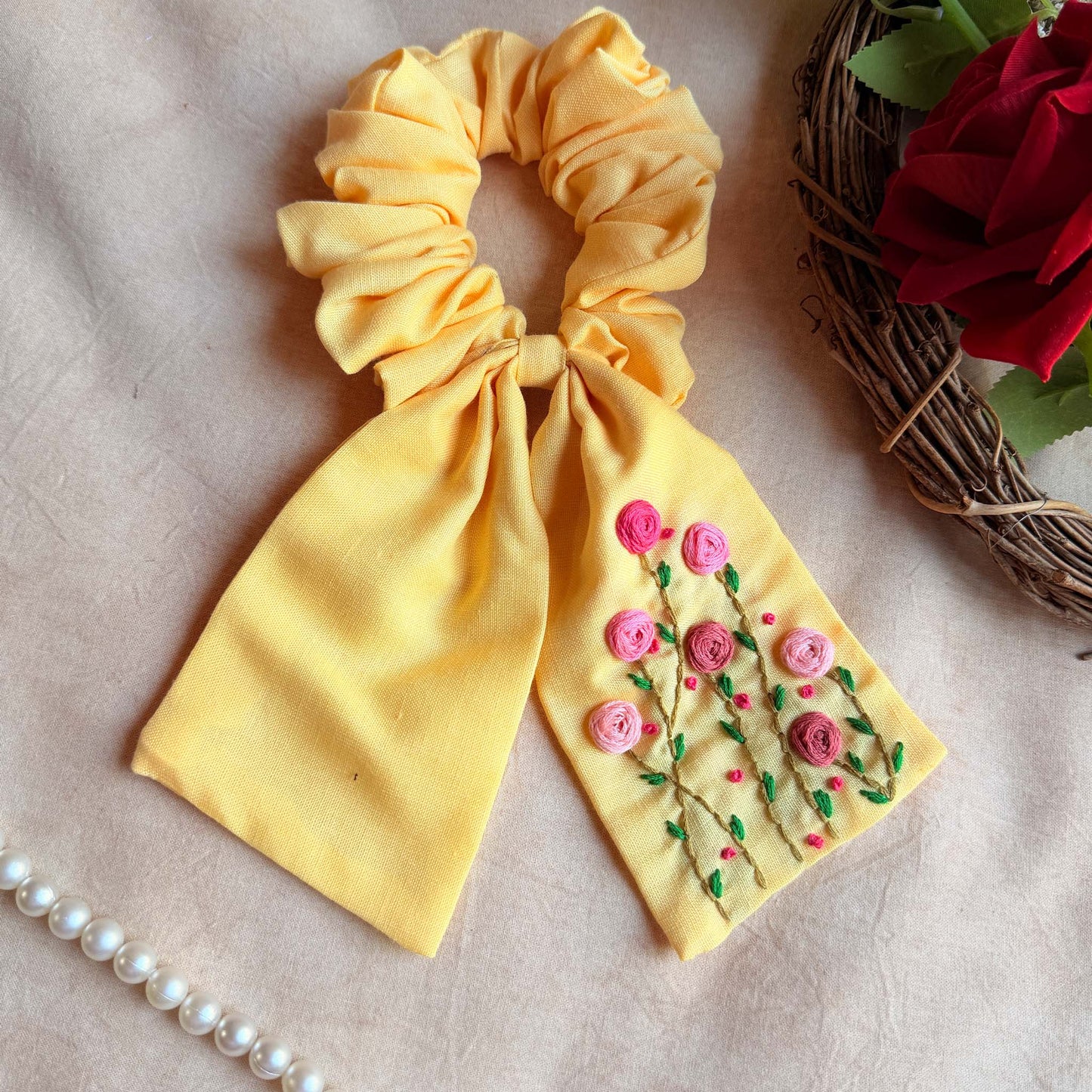 Lemon Garden Embroidered Scrunchie Bow