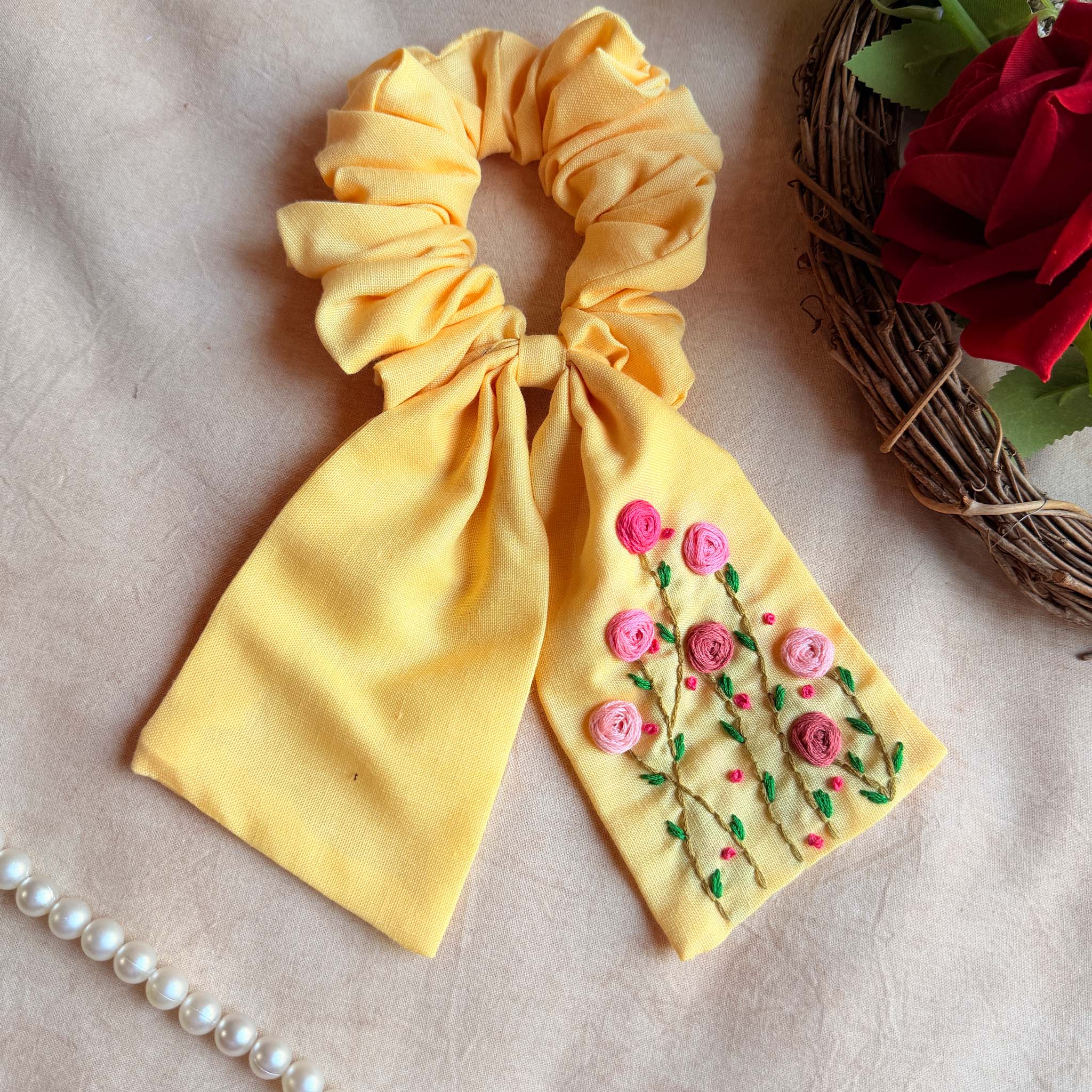 Lemon Garden Embroidered Scrunchie Bow