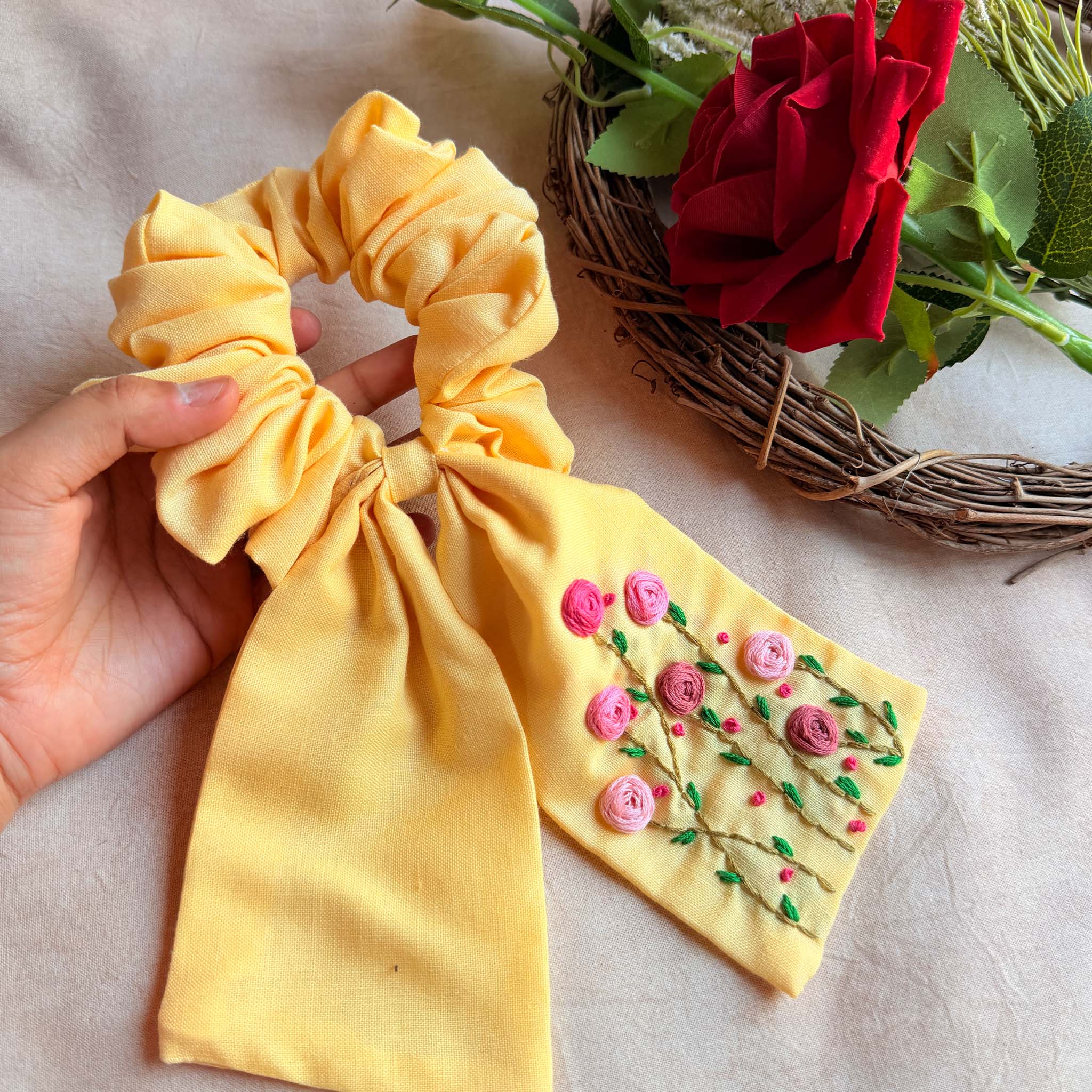 Lemon Garden Embroidered Scrunchie Bow