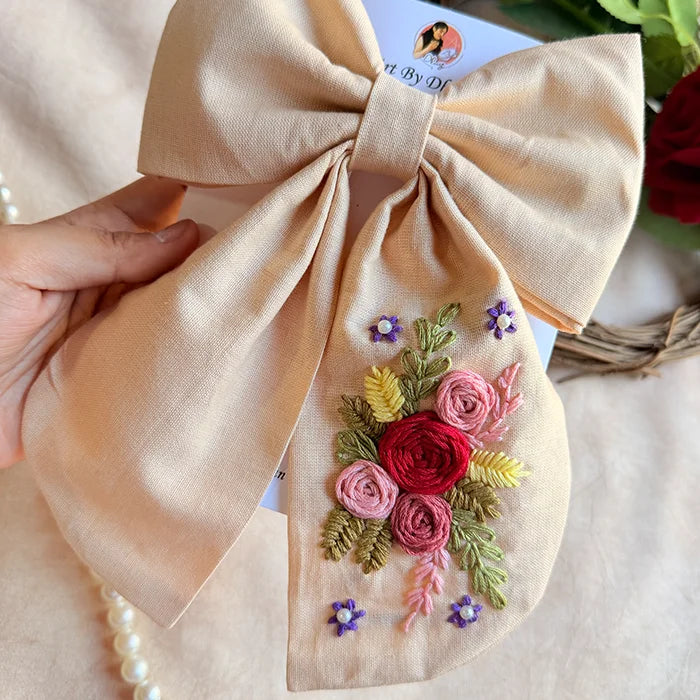 Ganga Hand Embroidered Floral Bow Hair Clip