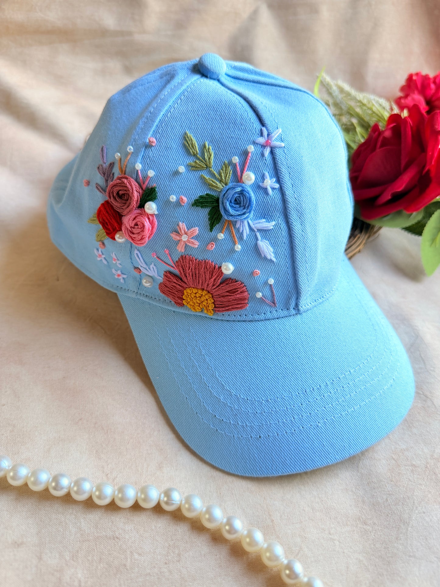 Sky Cinderella Hand Embroidered Floral Cap