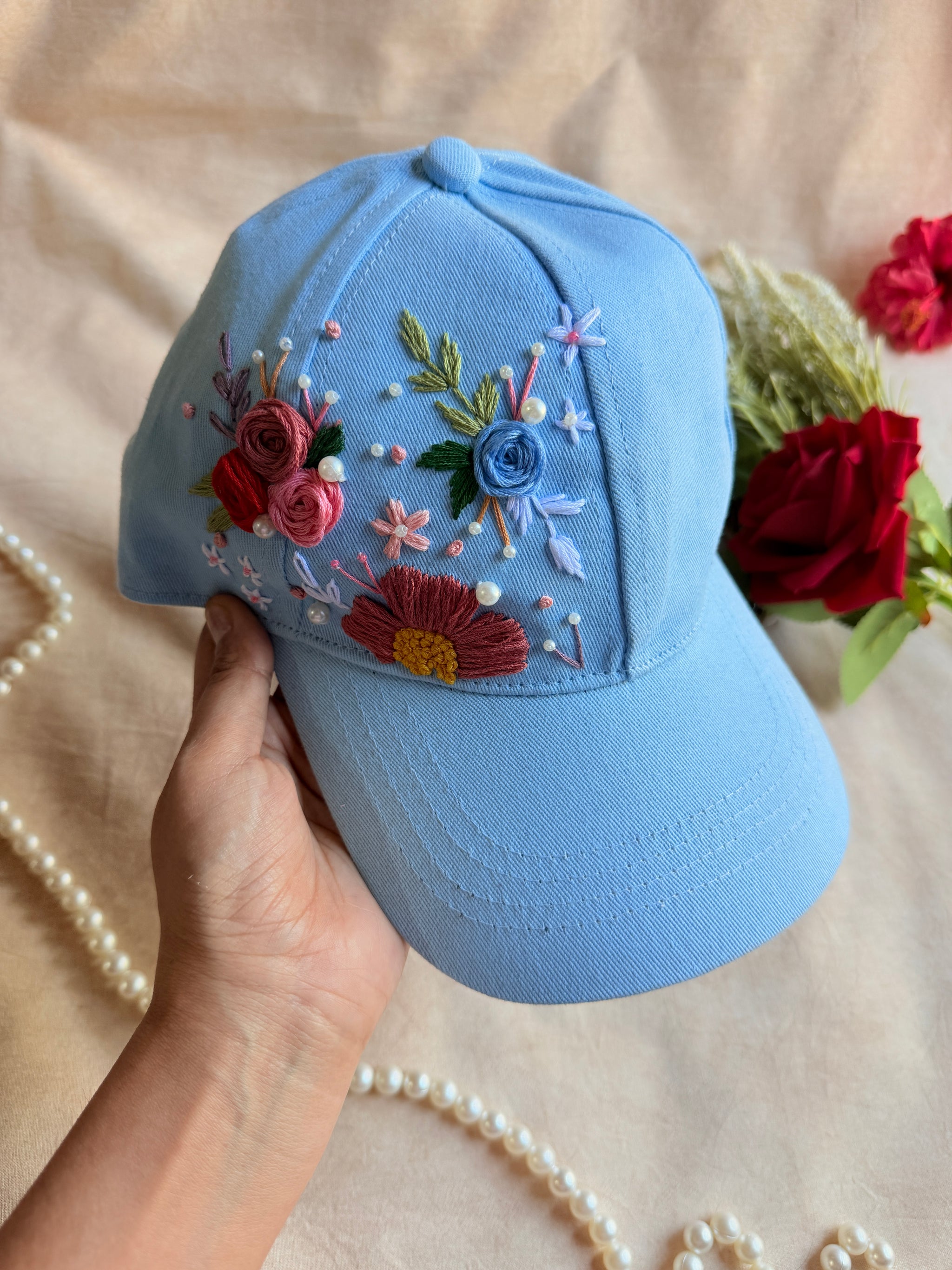 Sky Cinderella Hand Embroidered Floral Cap