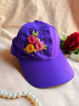 Purple Trio Bloom Hand Embroidered Cap