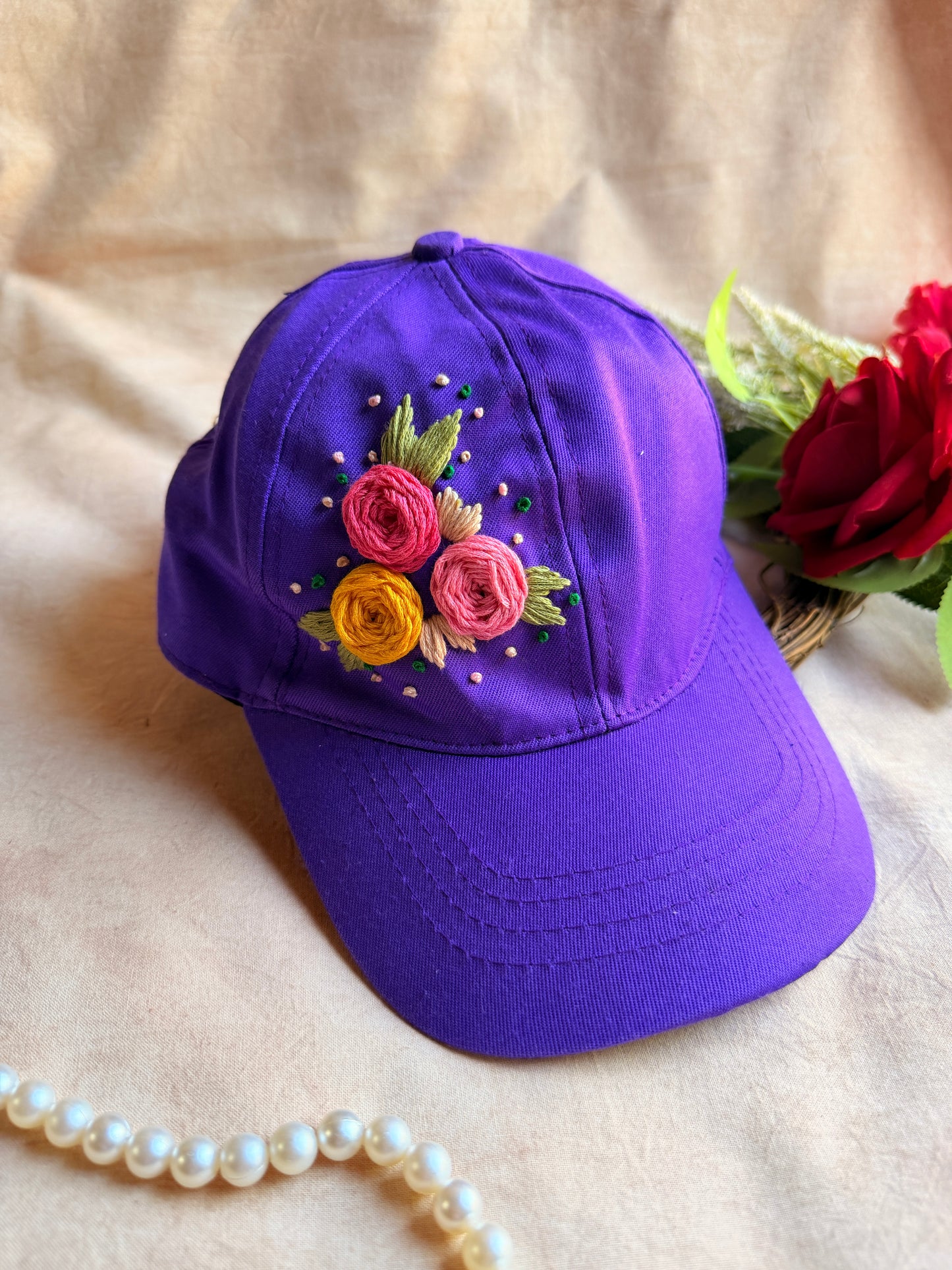 Purple Trio Bloom Hand Embroidered Cap