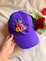Purple Trio Bloom Hand Embroidered Cap
