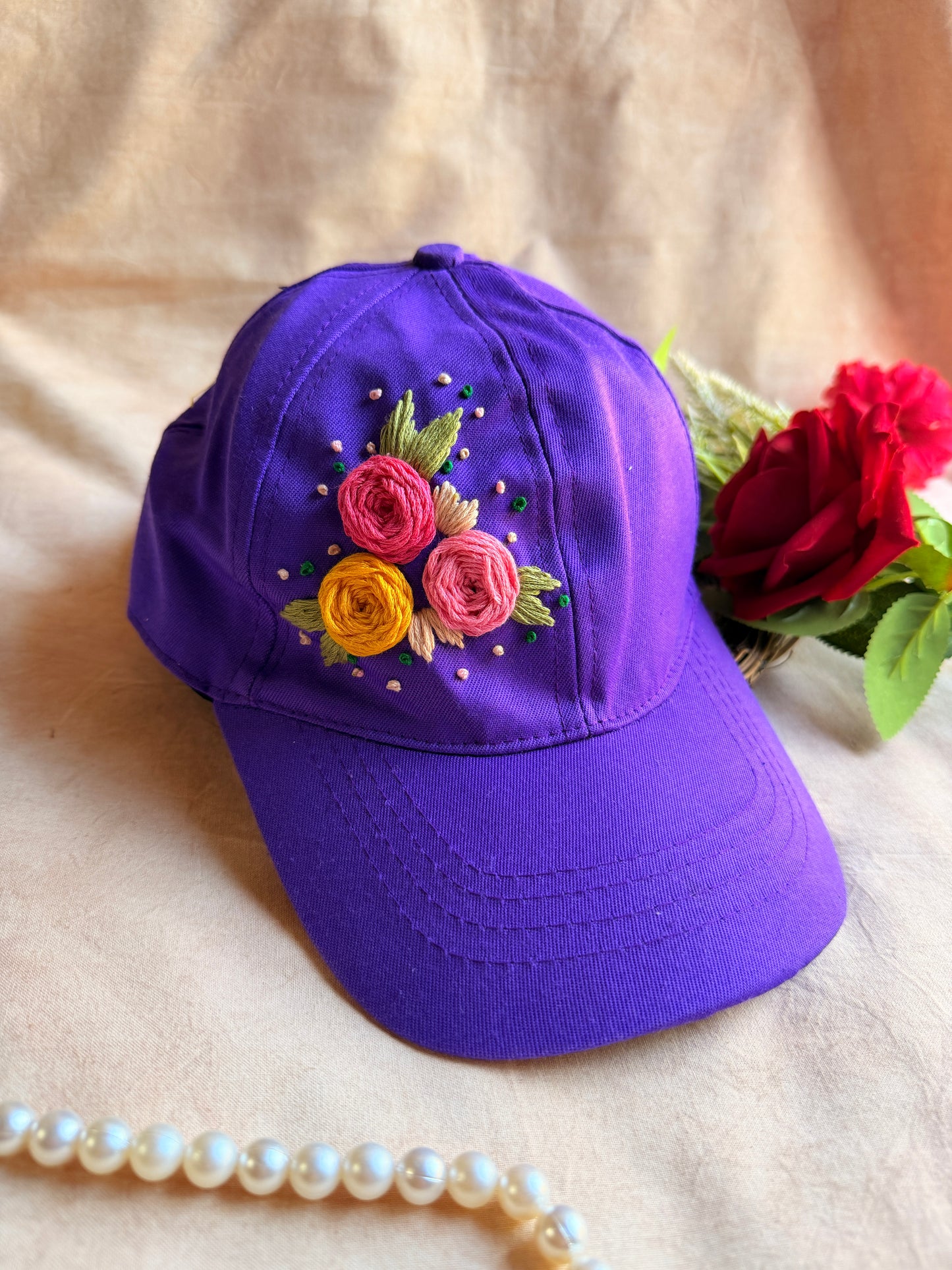 Purple Trio Bloom Hand Embroidered Cap