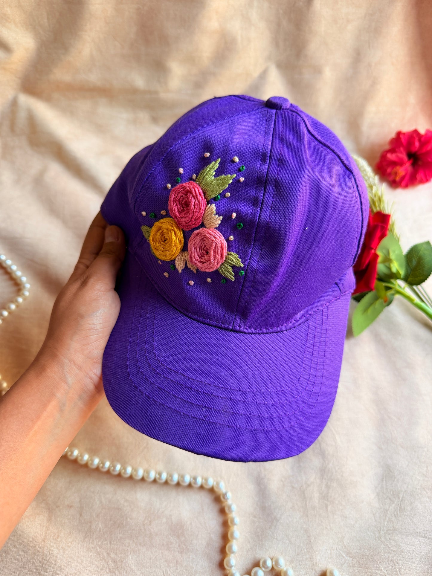 Purple Trio Bloom Hand Embroidered Cap