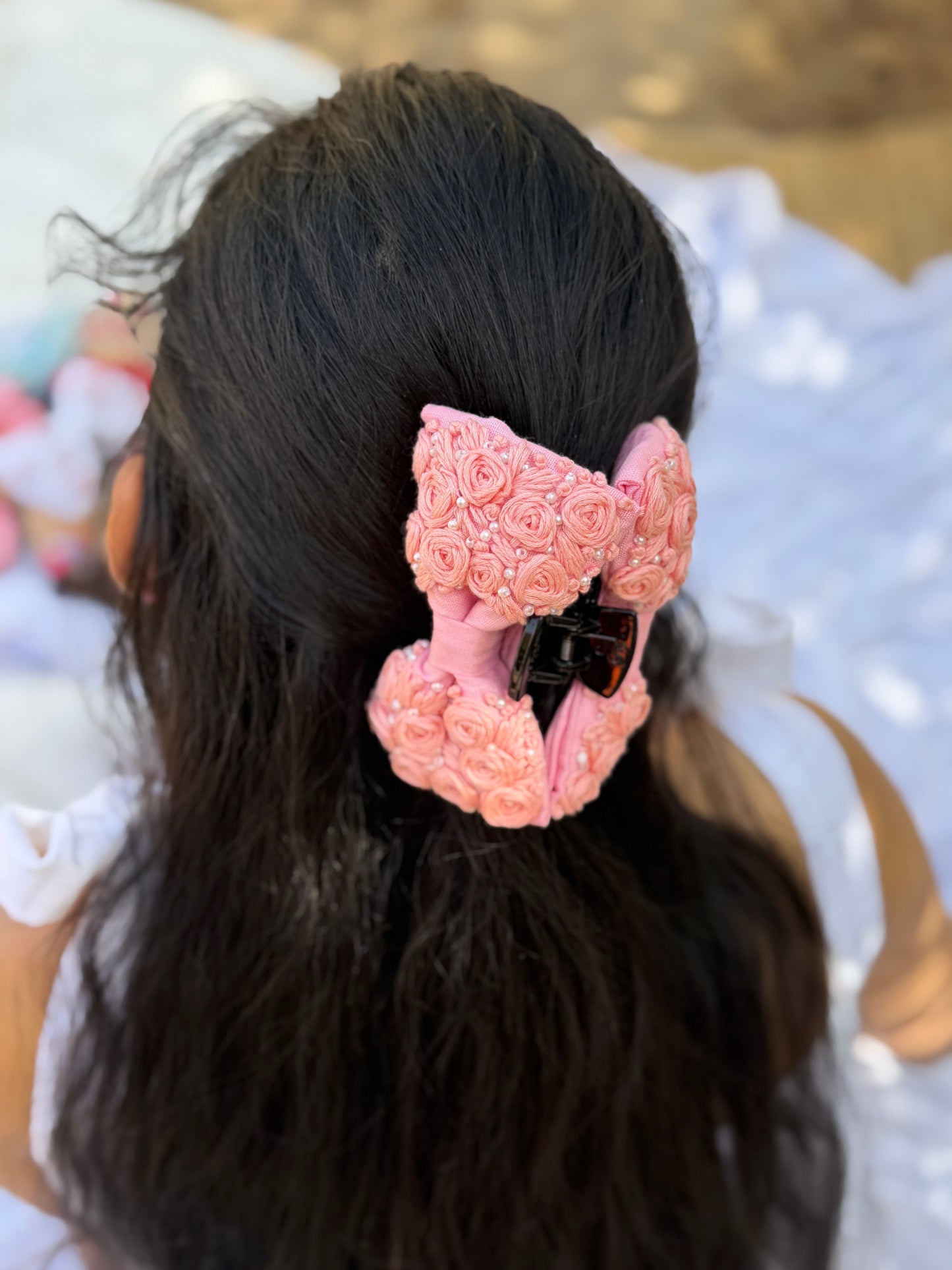Rosey’s Hand Embroidered Clutcher Bow