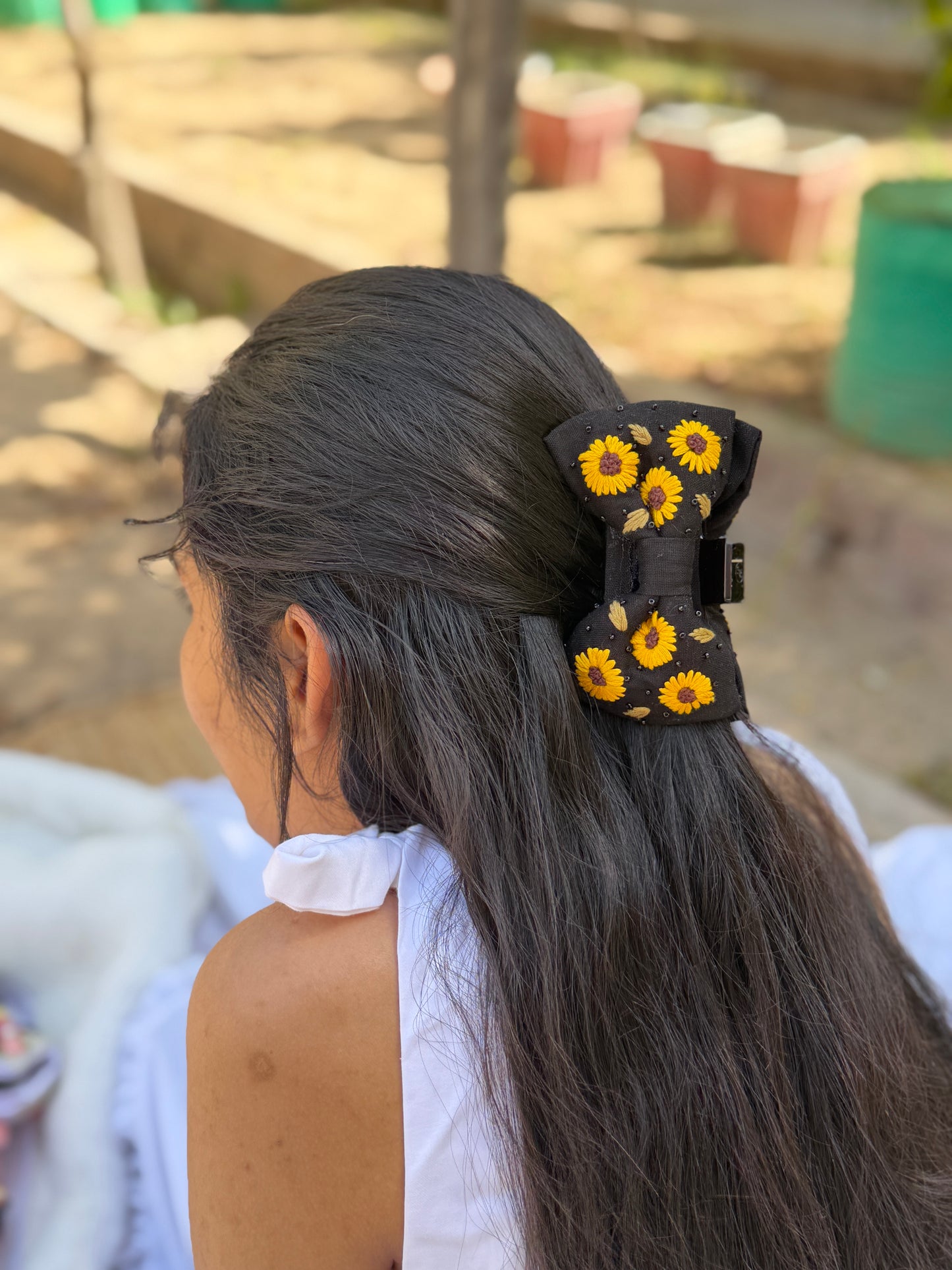 Sunflower Hand Embroidered Clutcher Bow