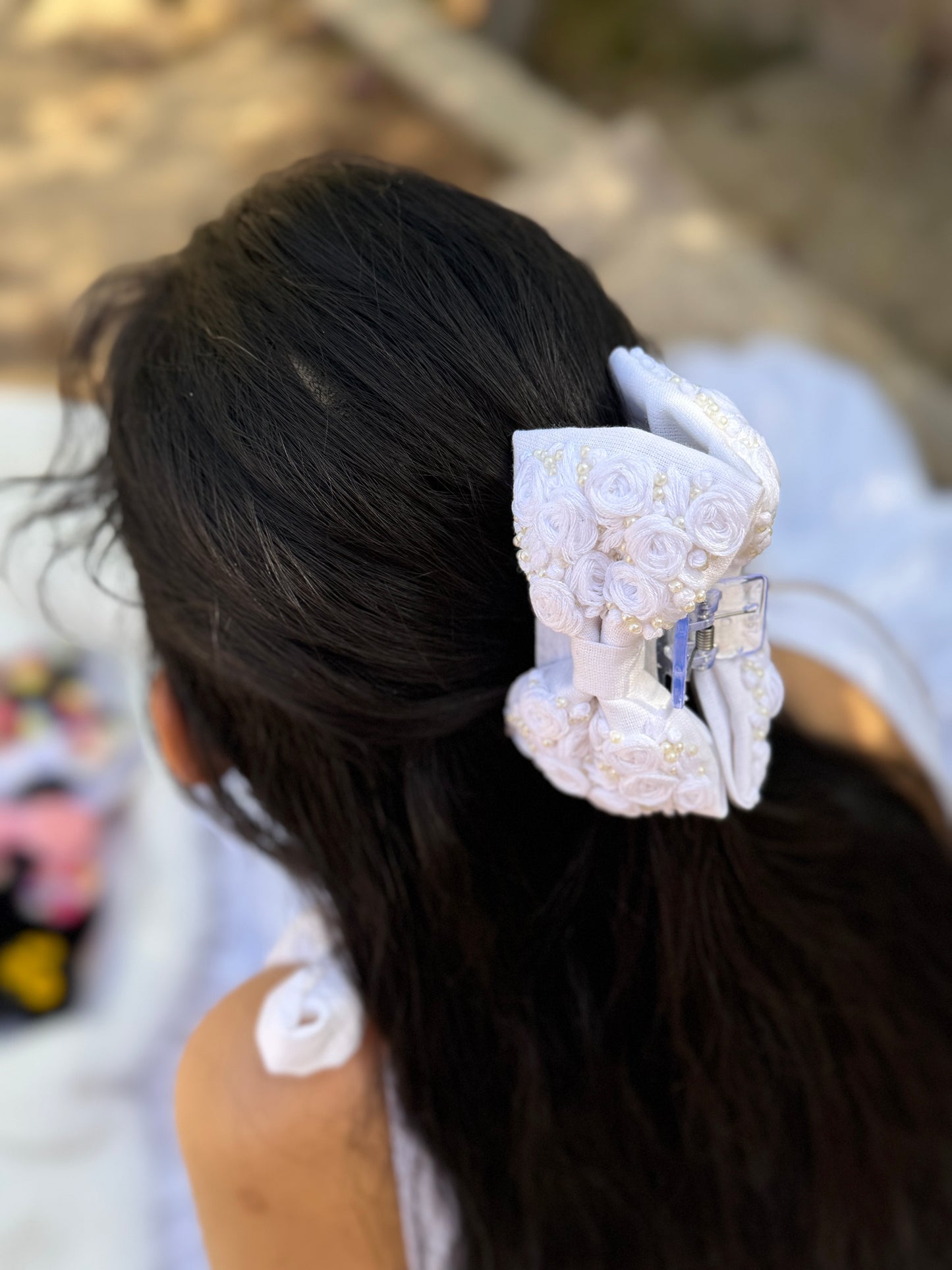 White Rosey Hand Embroidered Clutcher Bow