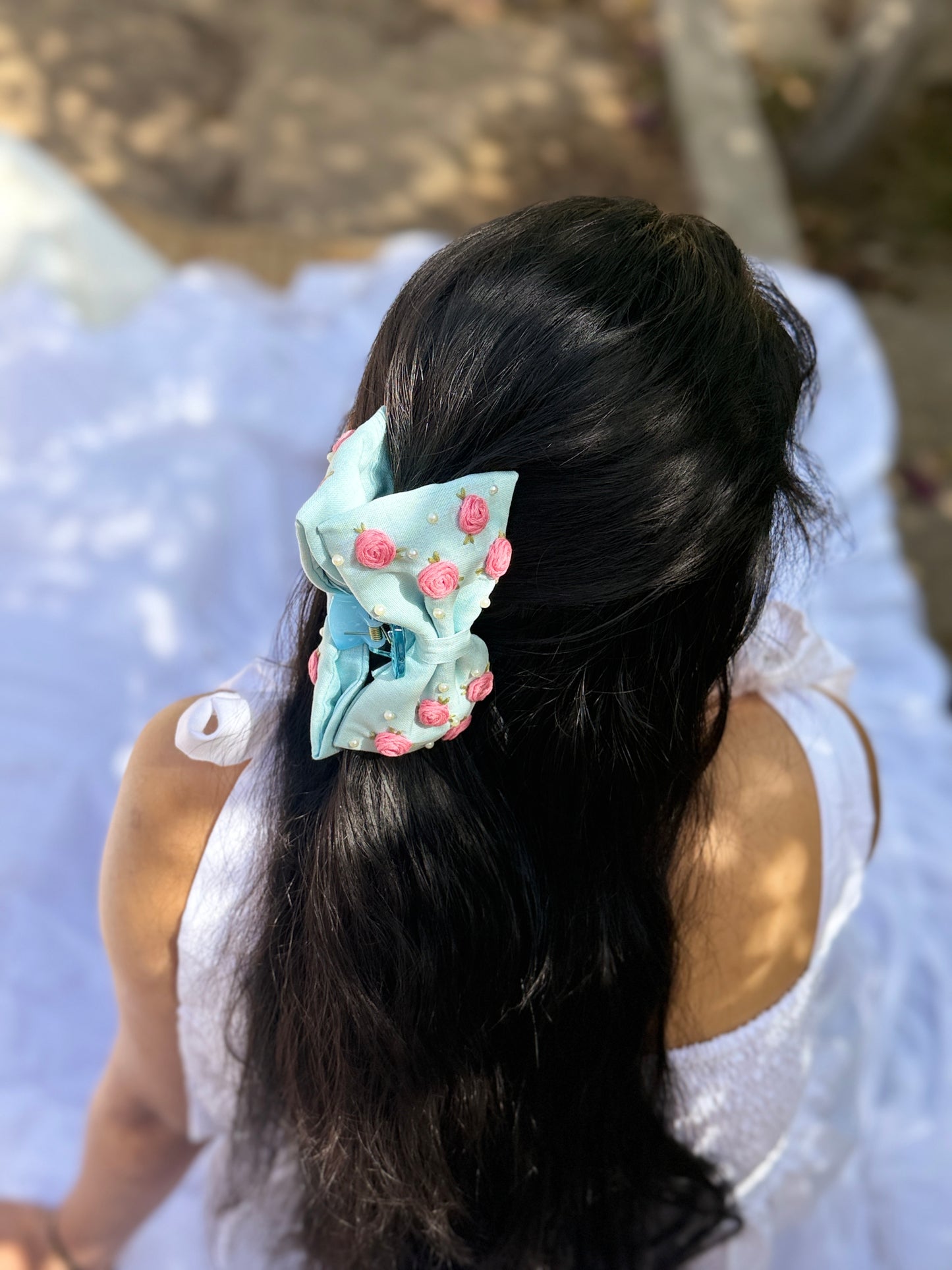 Sky Bloom Hand Embroidered Clutcher Bow