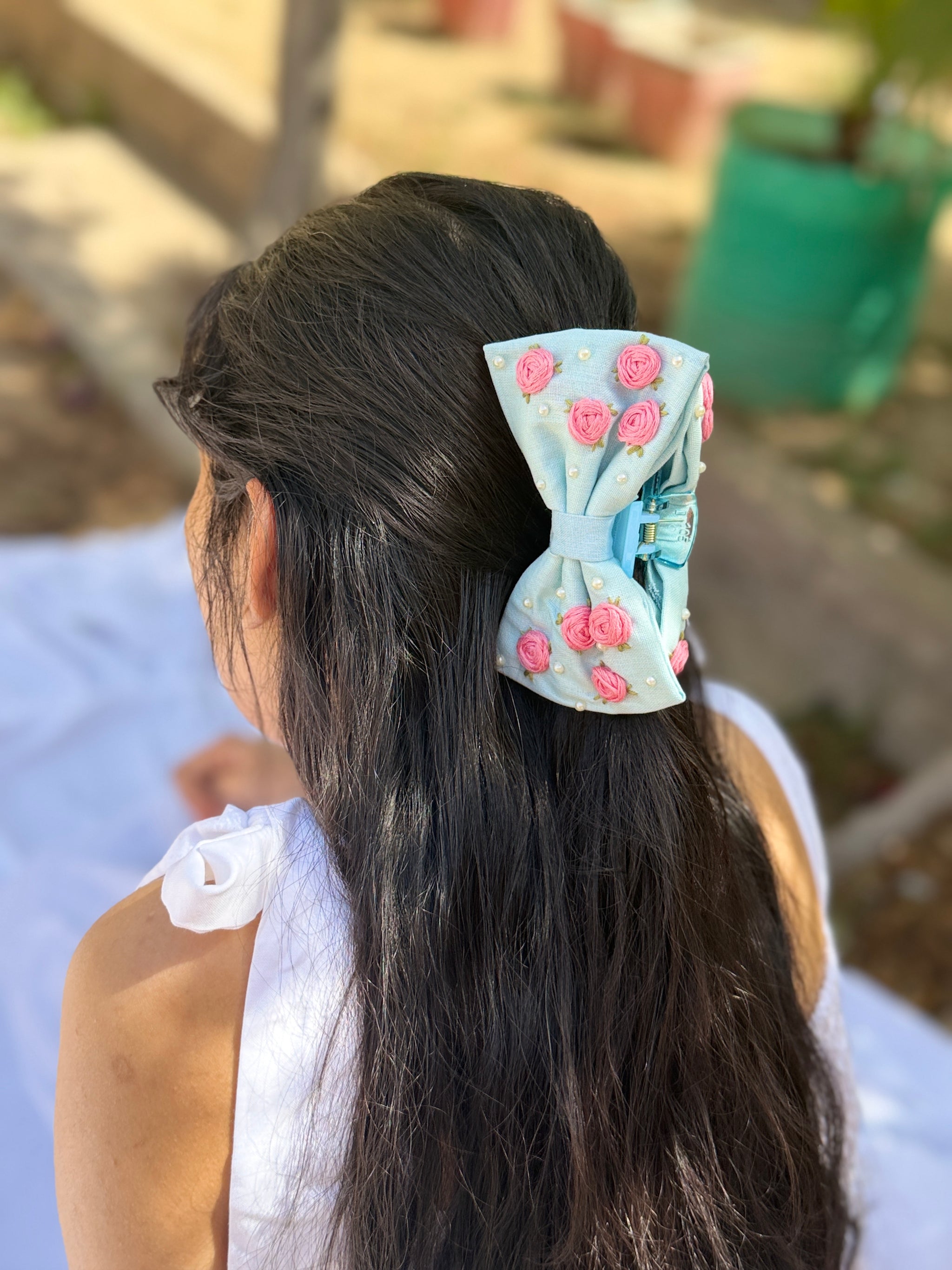 Sky Bloom Hand Embroidered Clutcher Bow