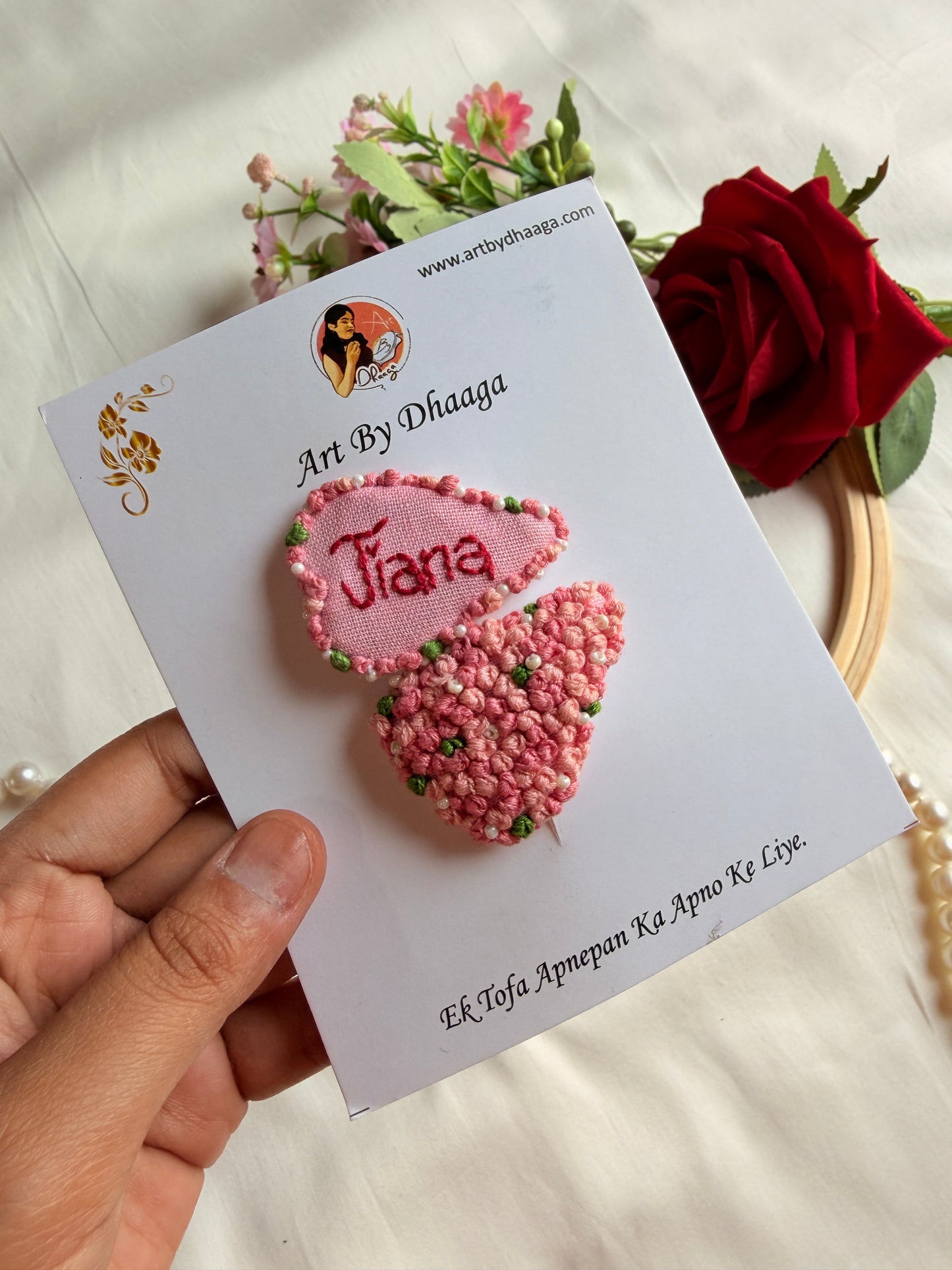 Personalized Heart Hand Embroidered Name Tic Tac Clips