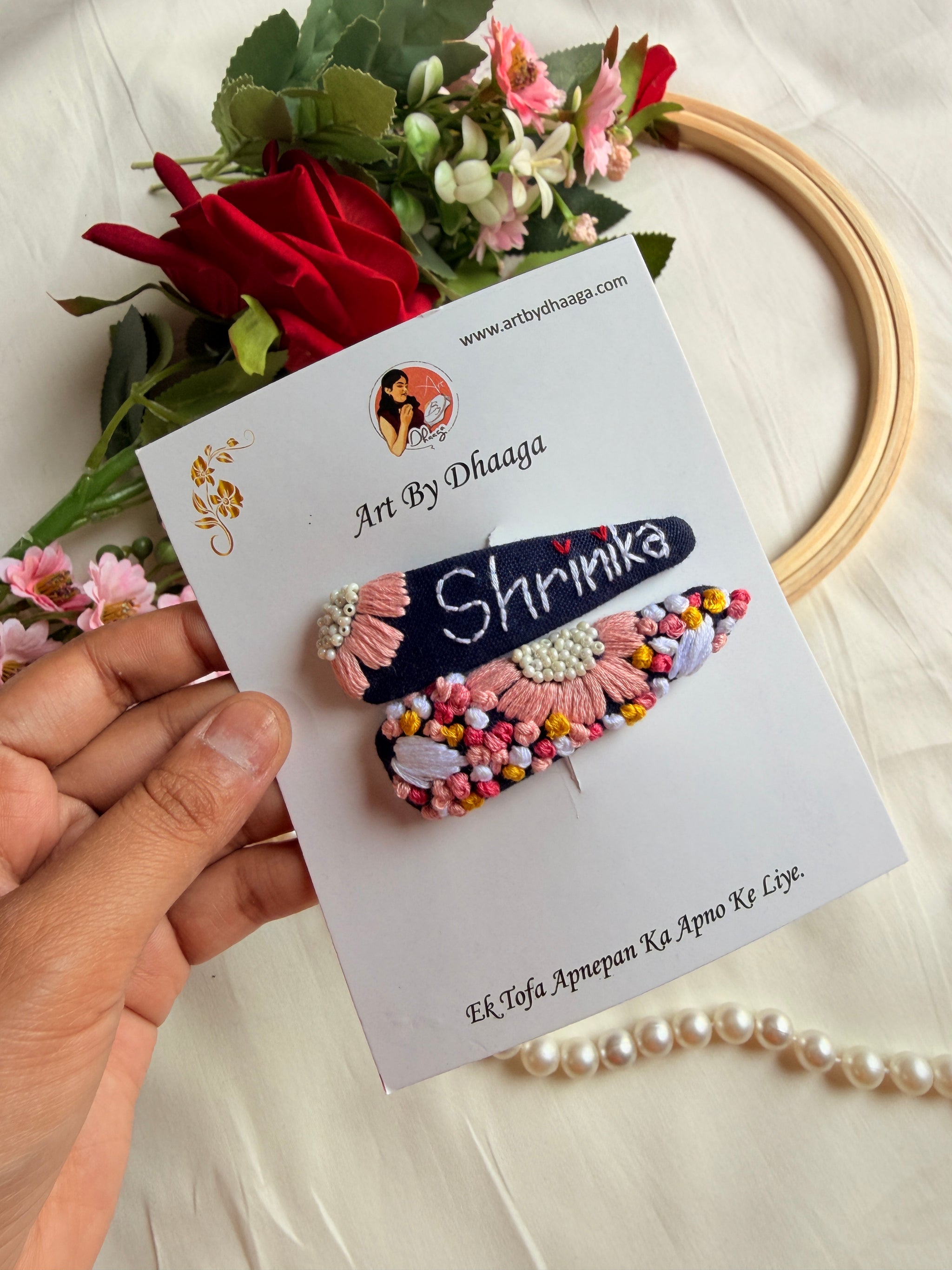 Personalized Name in Bloom Hand Embroidered Tic Tac Clips