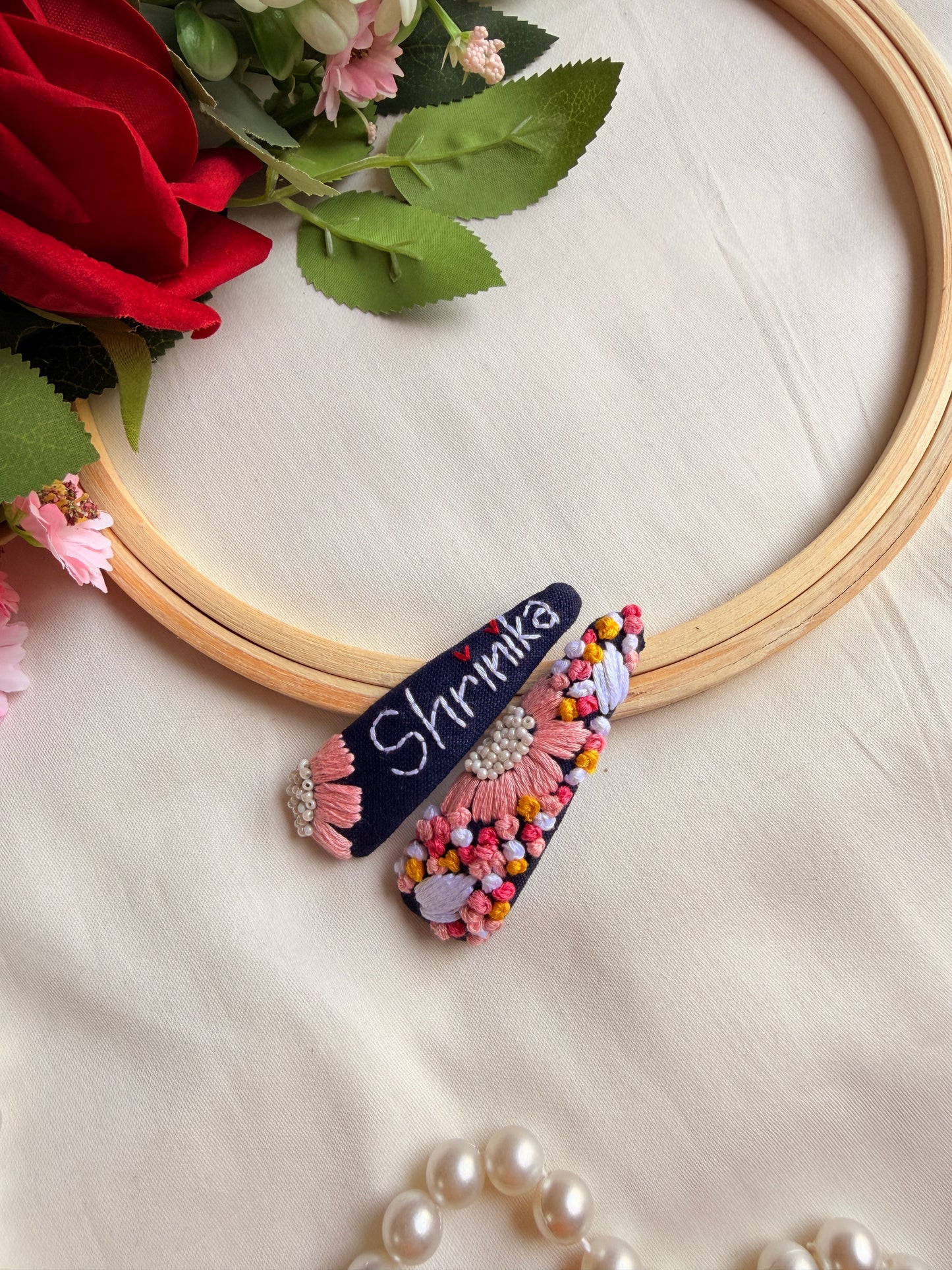 Personalized Name in Bloom Hand Embroidered Tic Tac Clips