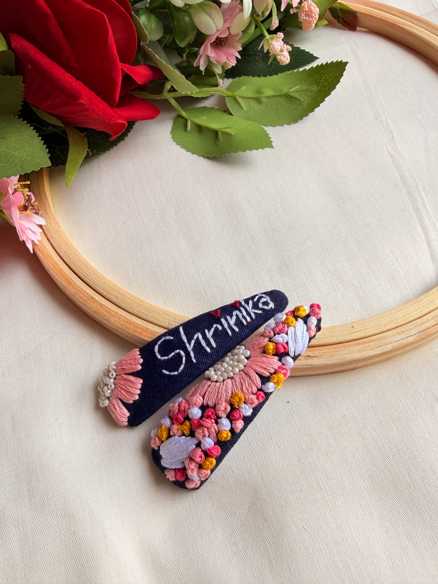 Personalized Name in Bloom Hand Embroidered Tic Tac Clips