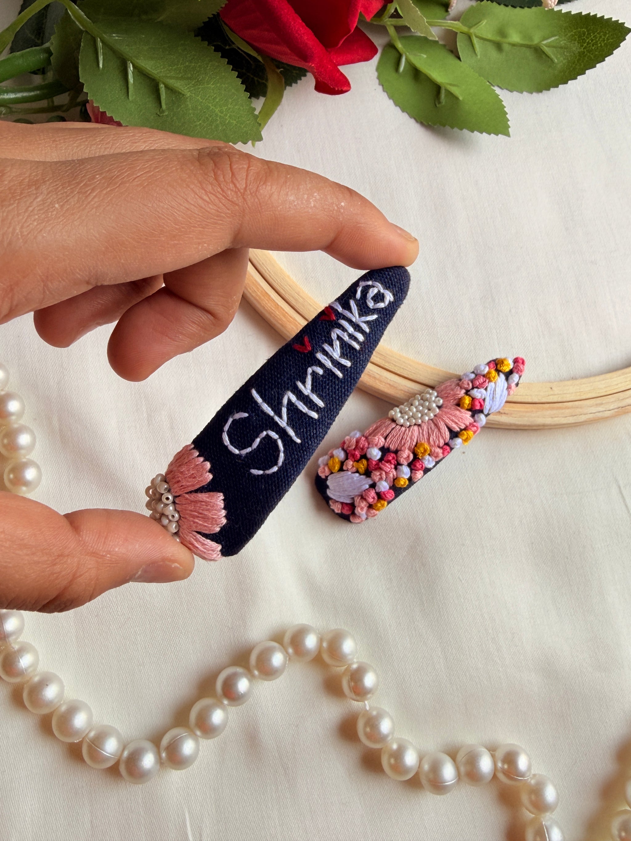 Personalized Name in Bloom Hand Embroidered Tic Tac Clips