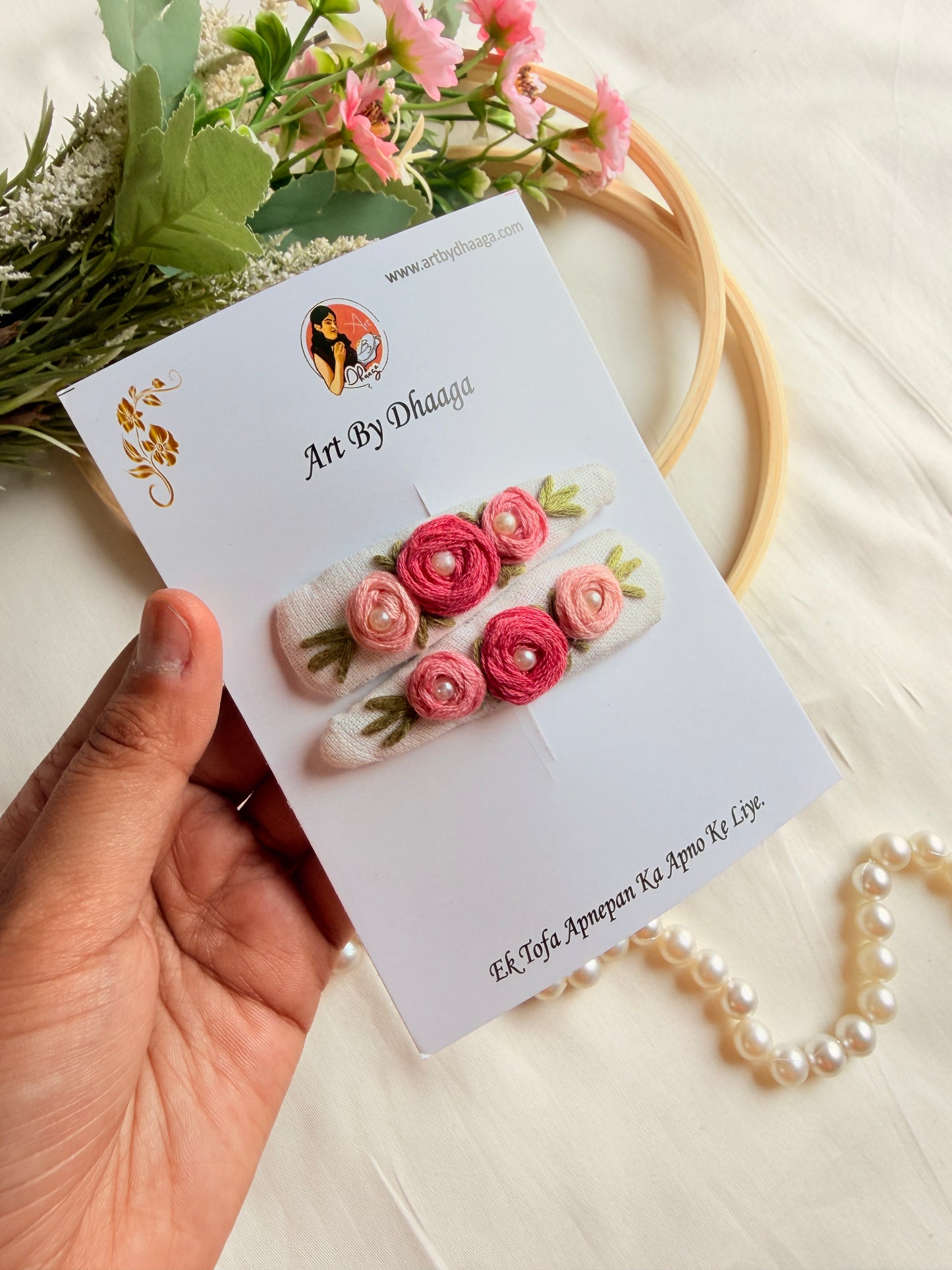 Niya White Hand Embroidered Floral Tic Tac Clips