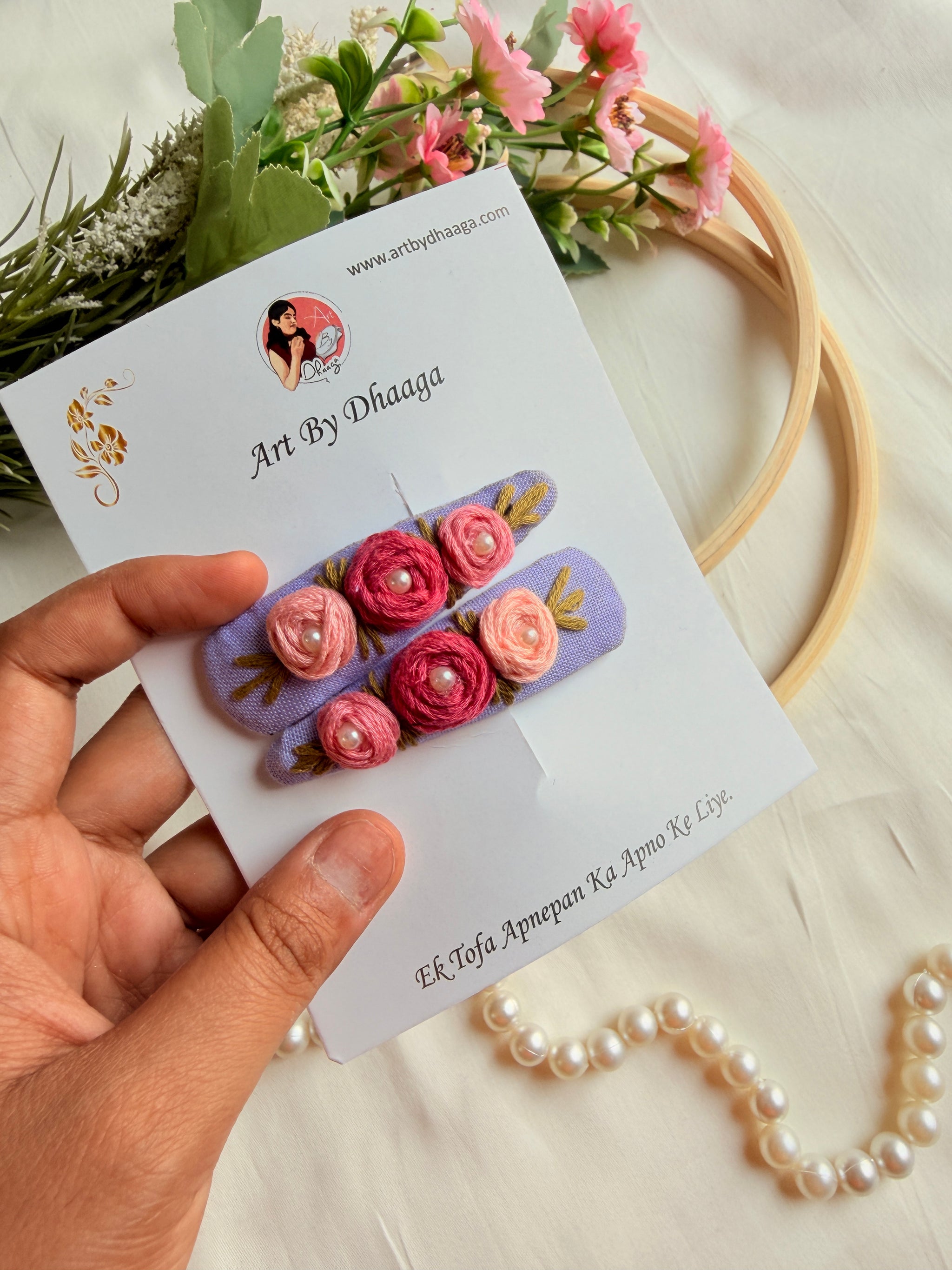 Niya Lavender Hand Embroidered Floral Tic Tac Clips