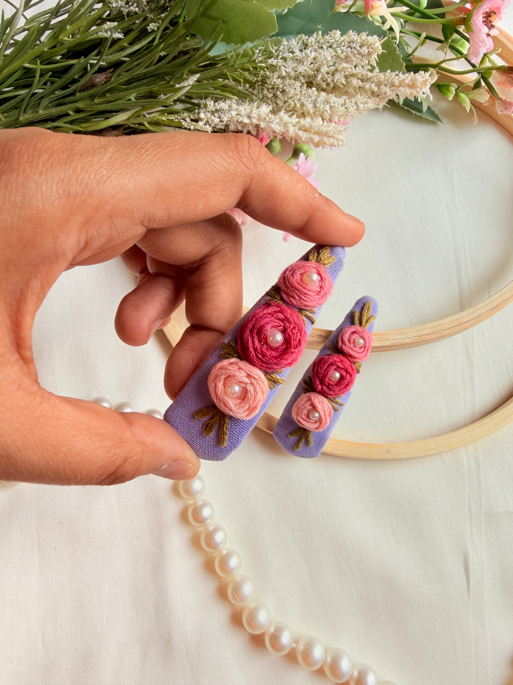 Niya Lavender Hand Embroidered Floral Tic Tac Clips
