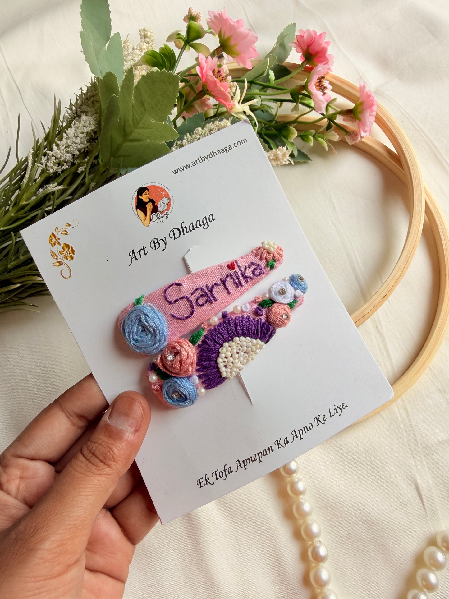 Personalized Pink Floral Hand Embroidered Tic Tac Clips