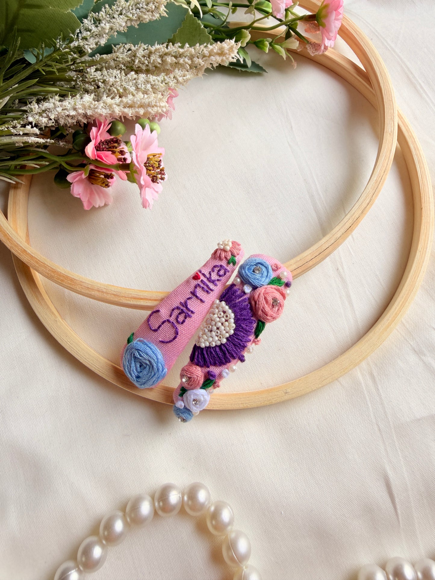 Personalized Pink Floral Hand Embroidered Tic Tac Clips