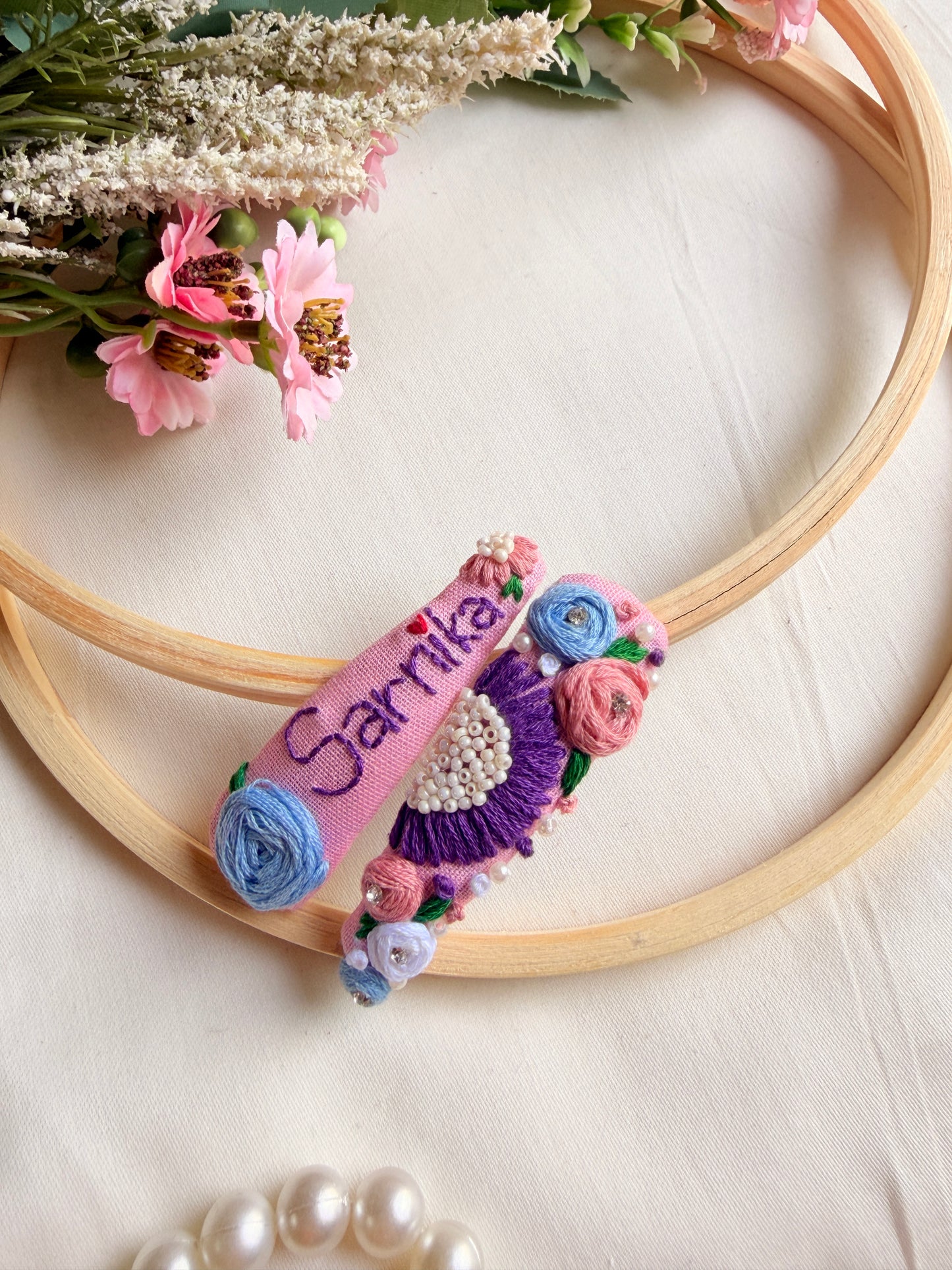 Personalized Pink Floral Hand Embroidered Tic Tac Clips