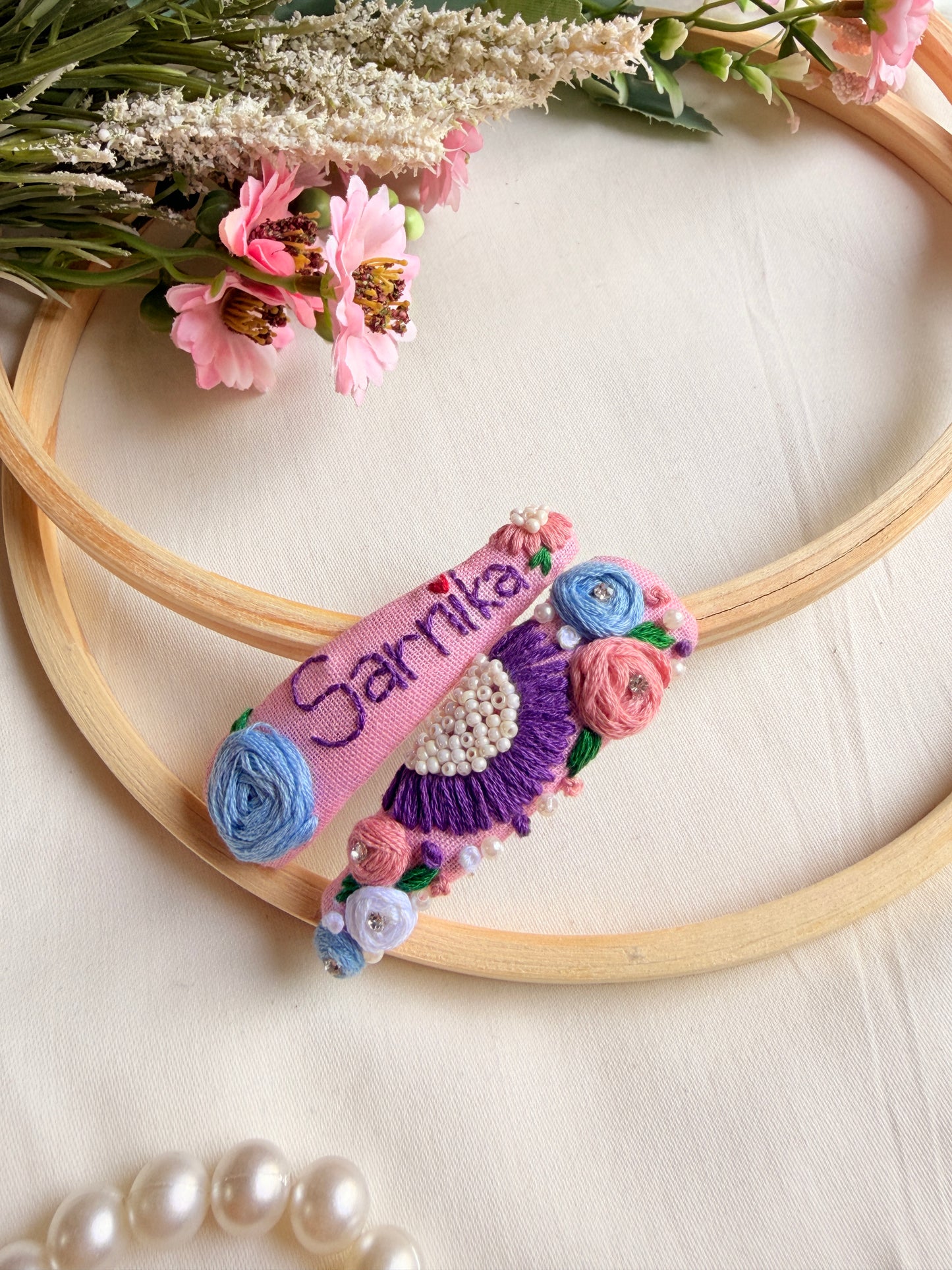Personalized Pink Floral Hand Embroidered Tic Tac Clips
