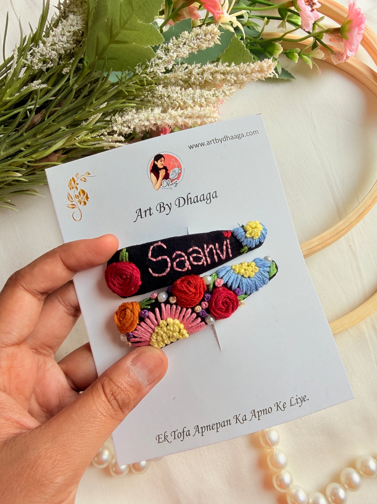 Personalized Black Floral Hand Embroidered Tic Tac Clips