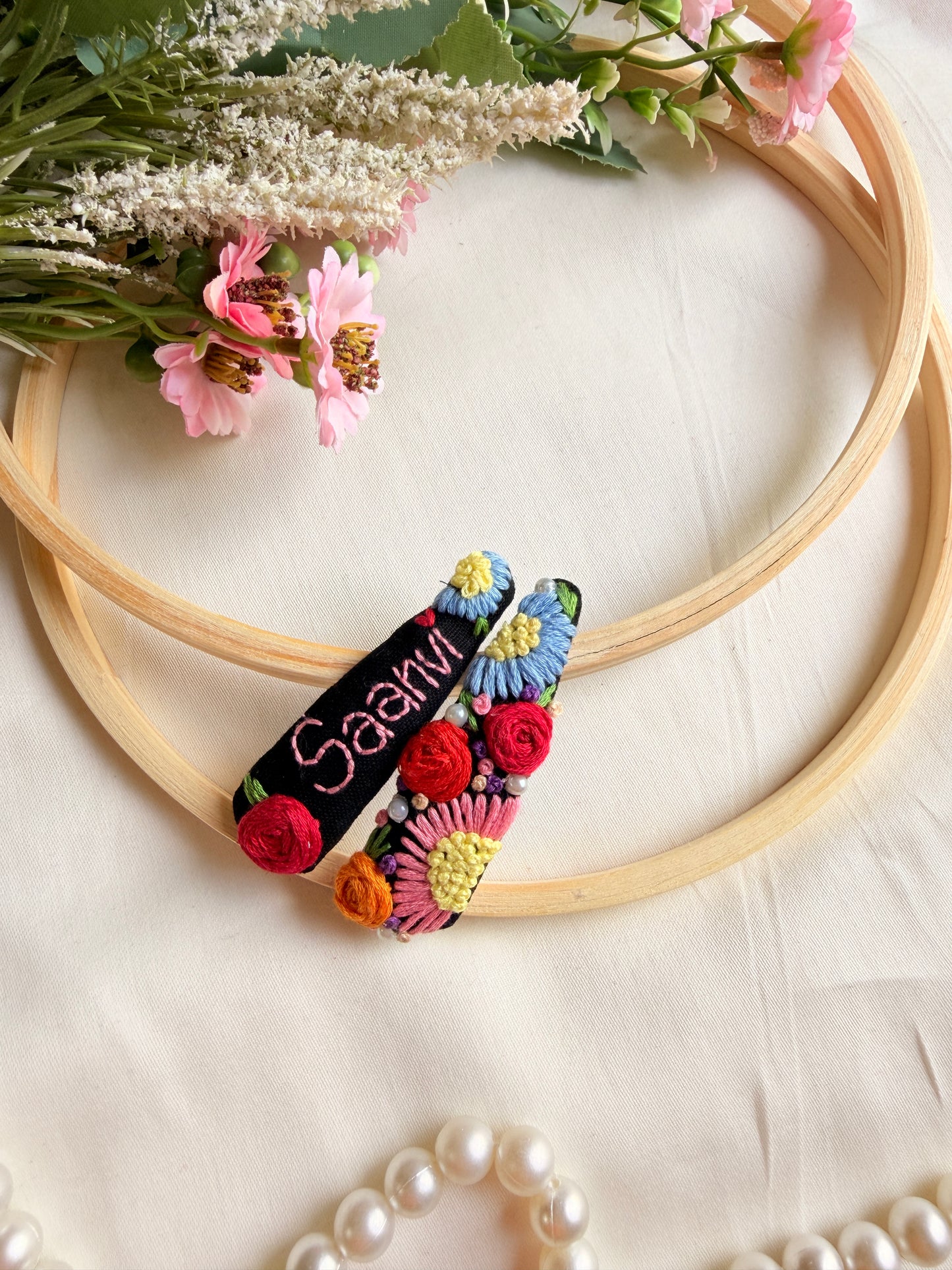 Personalized Black Floral Hand Embroidered Tic Tac Clips