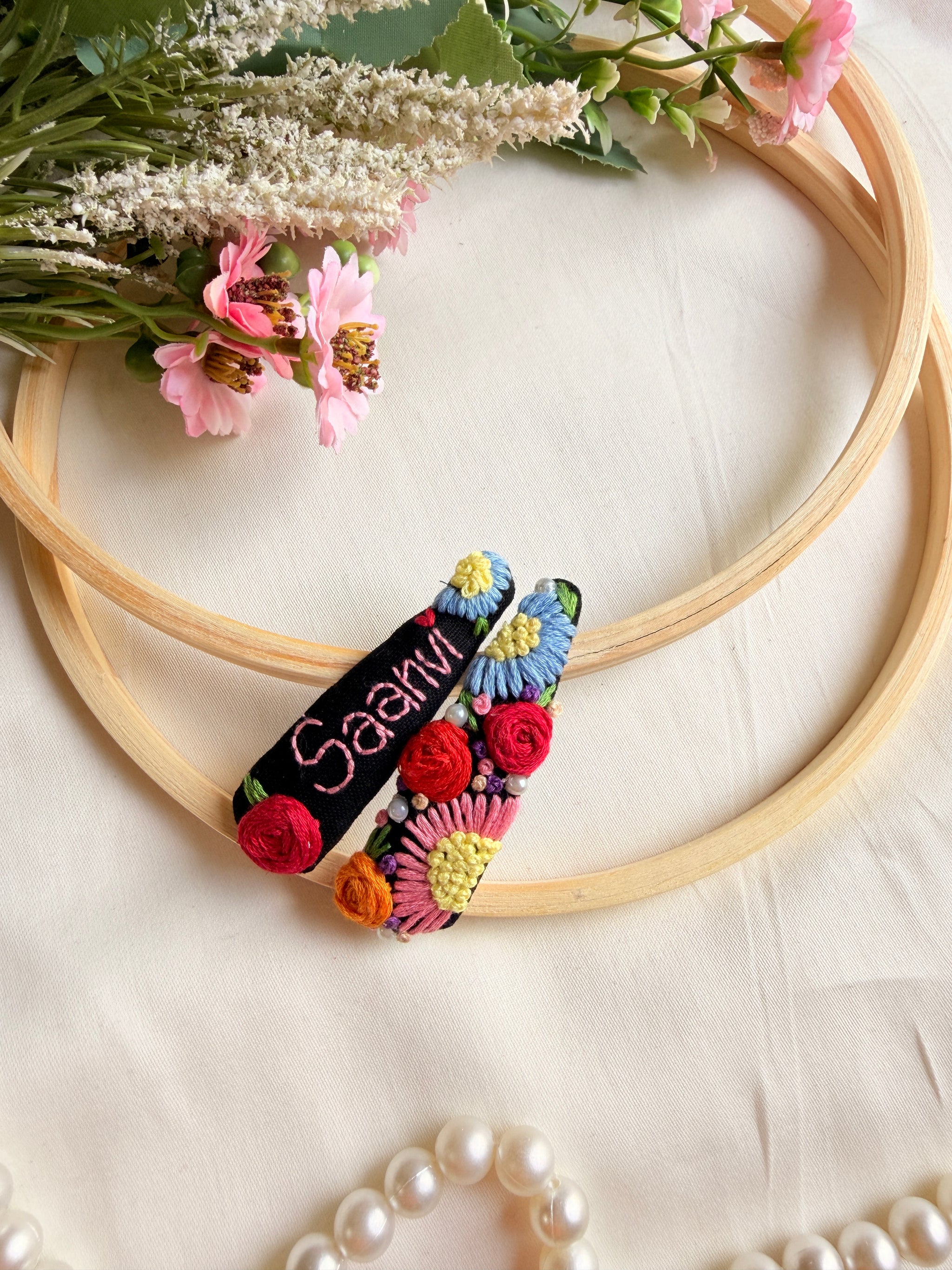 Personalized Black Floral Hand Embroidered Tic Tac Clips