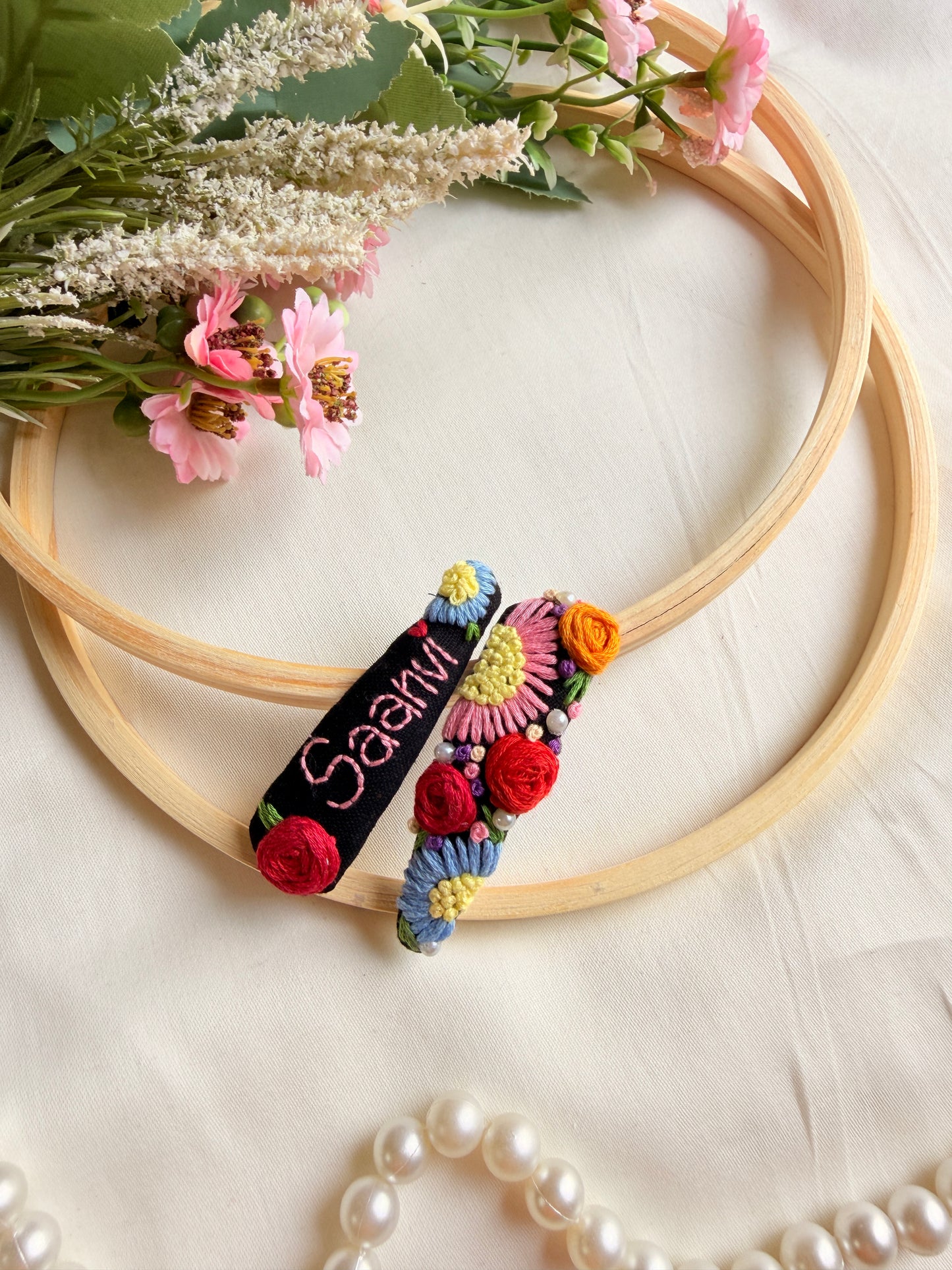 Personalized Black Floral Hand Embroidered Tic Tac Clips