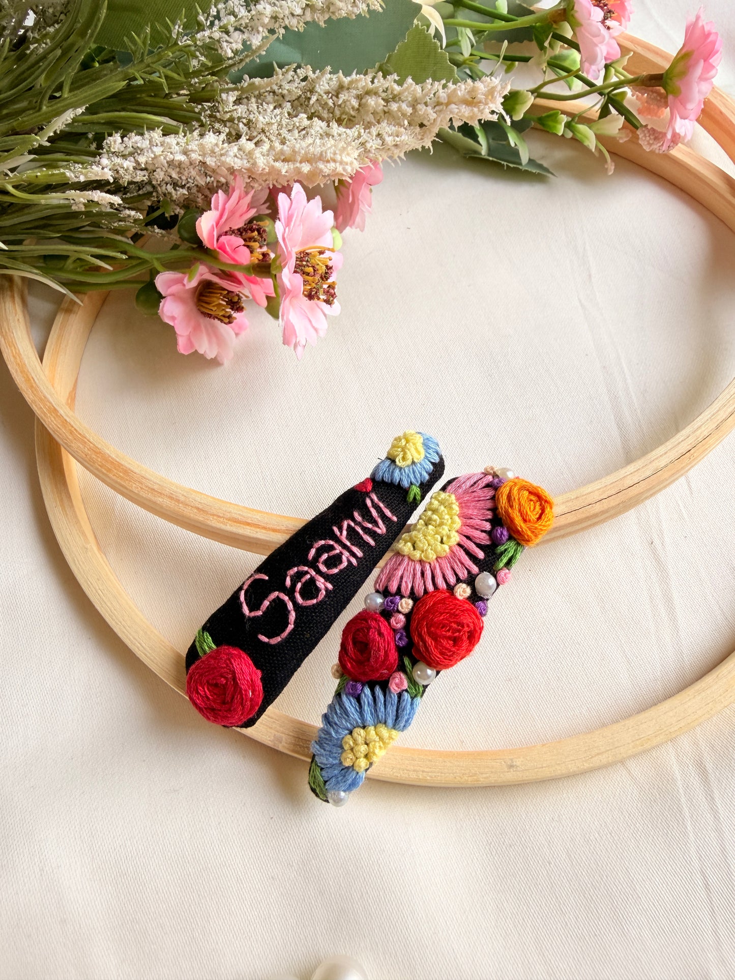 Personalized Black Floral Hand Embroidered Tic Tac Clips