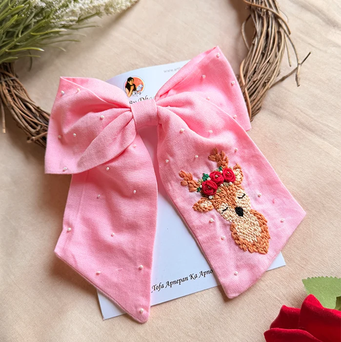 Pink Reindeer Hand Embroidered Bow Hair Accessory