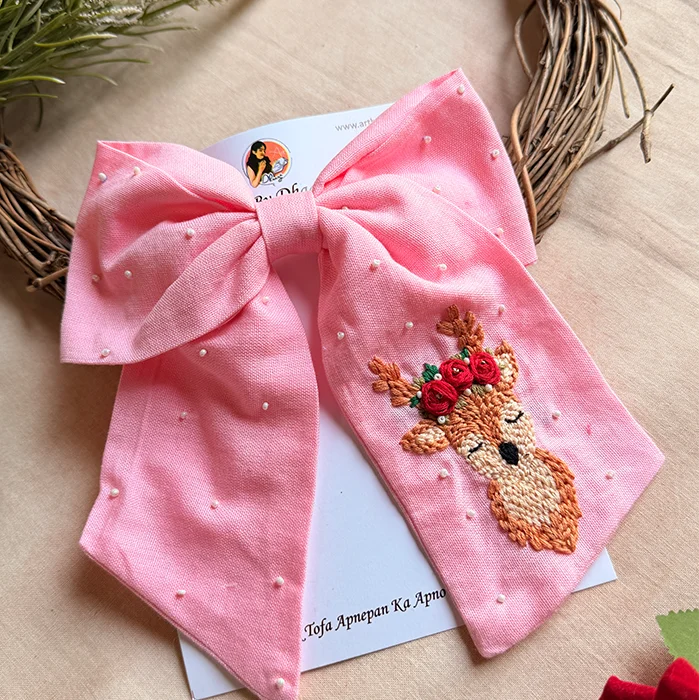 Pink Reindeer Hand Embroidered Bow Hair Accessory
