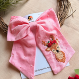 Pink Reindeer Hand Embroidered Bow Hair Accessory