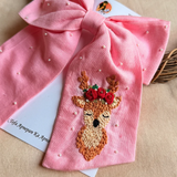 Pink Reindeer Hand Embroidered Bow Hair Accessory
