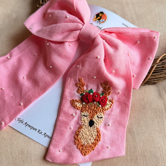 Pink Reindeer Hand Embroidered Bow Hair Accessory