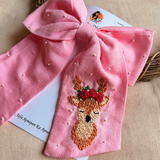 Pink Reindeer Hand Embroidered Bow Hair Accessory