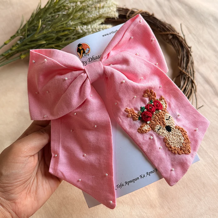 Pink Reindeer Hand Embroidered Bow Hair Accessory