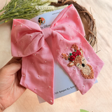 Pink Reindeer Hand Embroidered Bow Hair Accessory