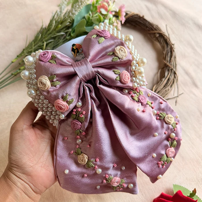 Godavri Purple Hand Embroidered Pearl Bow Hair Accessory