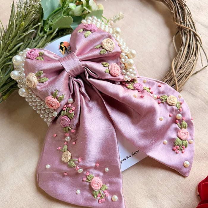 Godavri Purple Hand Embroidered Pearl Bow Hair Accessory