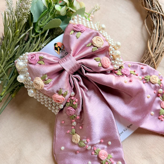 Godavri Purple Hand Embroidered Pearl Bow Hair Accessory