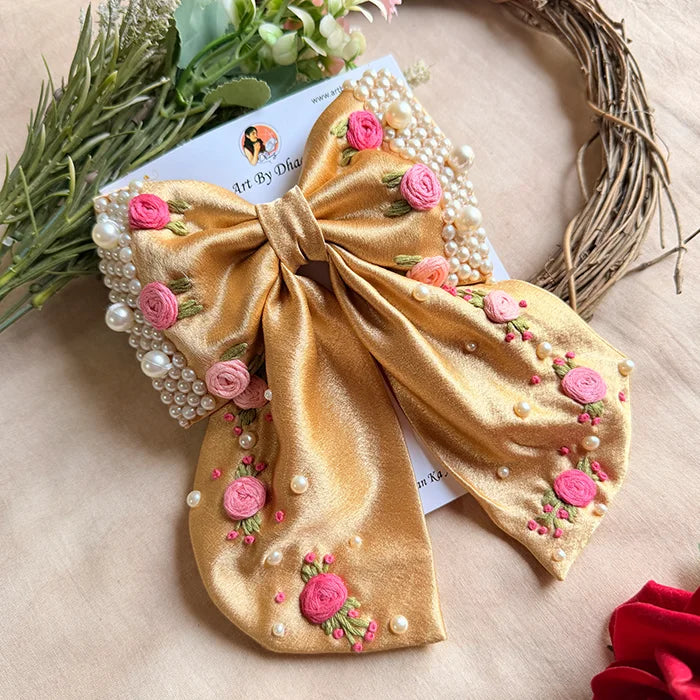 Golden Godavari Hand Embroidered Pearl Bow Hair Accessory