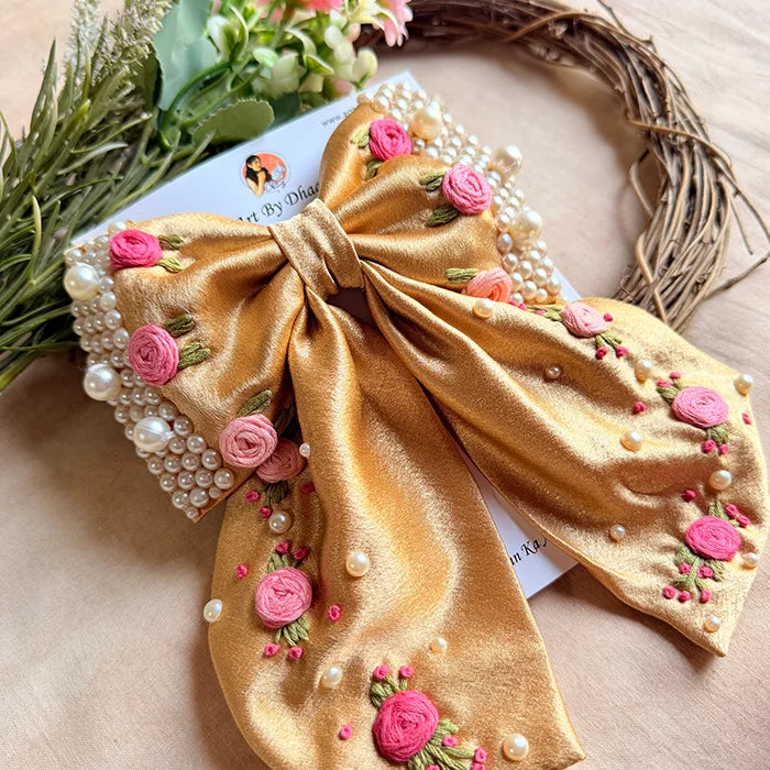 Golden Godavari Hand Embroidered Pearl Bow Hair Accessory