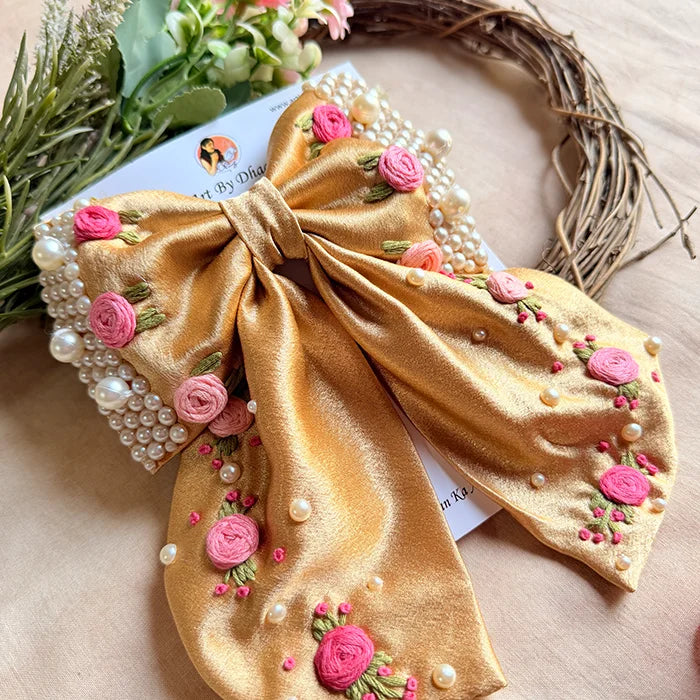 Golden Godavari Hand Embroidered Pearl Bow Hair Accessory